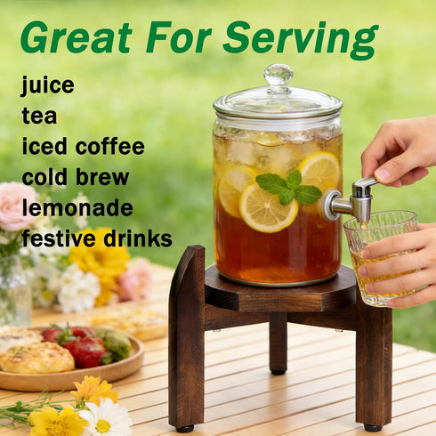 8"11.2" 5 Drink Dispenser Stand Adjustable Width for Gallon Water Jug & Beverage Jar, Sturdy Walnut Wood Holder