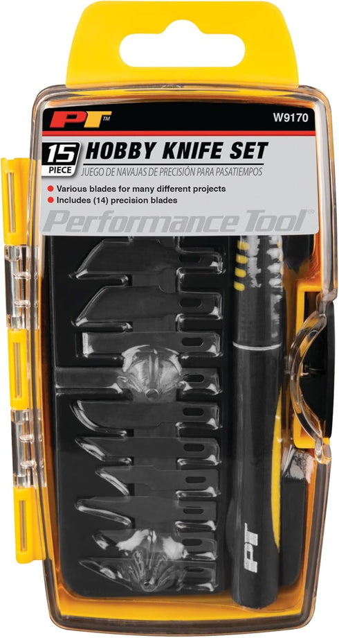 Performance Tool W9170 Precision Hobby Knife Set, 14 Blades with Comfortable Contoured Handle and Storage Case