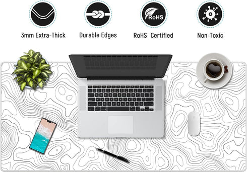 JIALONG White Topographic Large Gaming Mouse Pad, XXL Mousepad, Big Desk Pad for Keyboard and Mouse, Gaming Computer