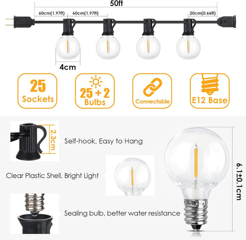 Mlambert 50Ft G40 Dimmable 27 Bulbs(2 LED Outdoor String Lights Globe Patio Light, Waterproof Hanging String Light