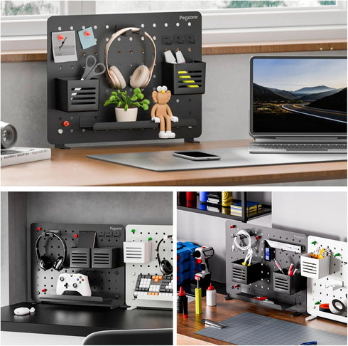 Clamp-on Desk Pegboard, Desk Accessories for Office Gaming Home, Magnetic Metal Peg Board with 10 Accessories, Desk