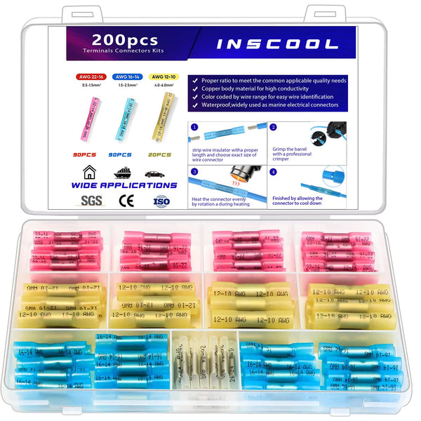200pcs Heat Shrink Butt Connector, Waterproof Crimp Electrical Wire Connector for Automotive Repair