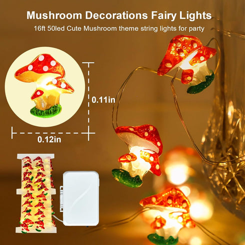 2-Pack 50LED 16ft 3D Aogist Mushroom Fairy Lights - Super Bright Cute Mushroom String Lights Battery Operated Decor