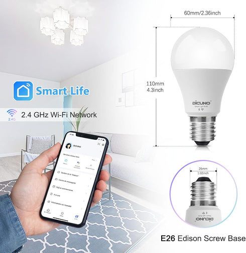 Bulbs, Bulb Dimmable, A19 E26 9W 800LM 2.4Ghz 2 Pack DiCUNO Smart Light Wi-Fi Bluetooth LED Lights, Multi Colors