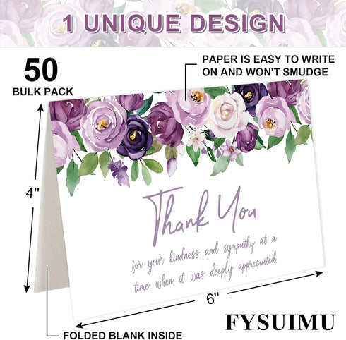 50 FYSUIMU Pcs Funeral Thank You Cards Bulk Boxed Floral Sympathy Blank Note Cards with Sticker Envelope Purple Flower