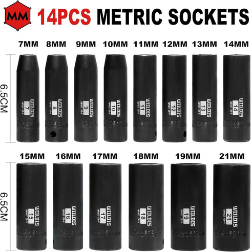 14 3/8-Inch Set, 7mm 21mm, 6-Point, 14 3/8" WIILDIS Pieces Drive Deep Impact Socket to CR-V, Metric, Pieces Dr. Socket