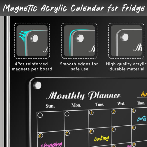 DIYMAG 3Pcs Acrylic Magnetic Dry Erase Calendar for Fridge, Clear Planning Board Set with 6 Highlight Markers, Weekly