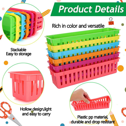 Pencil Basket Tray, 24 Pack Plastic Classroom Pencil Organizer, Colorful Crayon Basket for Classroom Home Office Storage