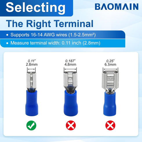 Baomain 100-Pack 0.11" Female Quick Disconnect Spade Terminals, 16-14 AWG, Blue