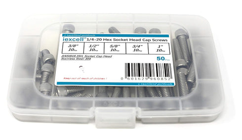 iexcell 50 Pcs 1/4-20 x 3/8" 1/2" 5/8" 3/4" 1" Stainless Steel 304 Hex Socket Head Cap Screws Bolts Assortment