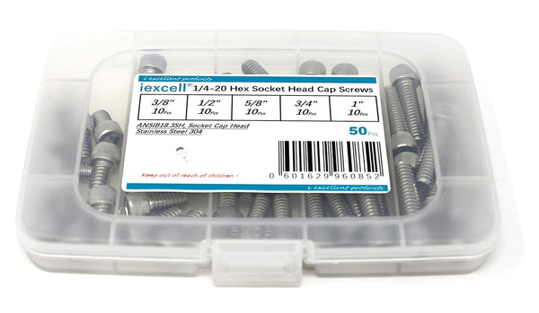 iexcell 50 Pcs 1/4-20 x 3/8" 1/2" 5/8" 3/4" 1" Stainless Steel 304 Hex Socket Head Cap Screws Bolts Assortment