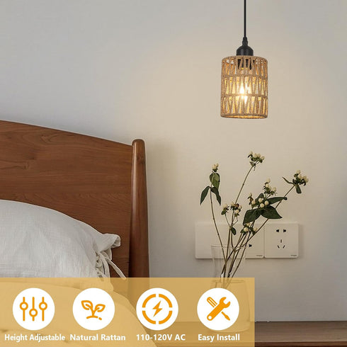 1-Light 4.75.9in 61in LAMSU Rattan Pendant Lights, Boho Farmhouse Pendant Lighting with Hand Woven Shade, Small Wicker