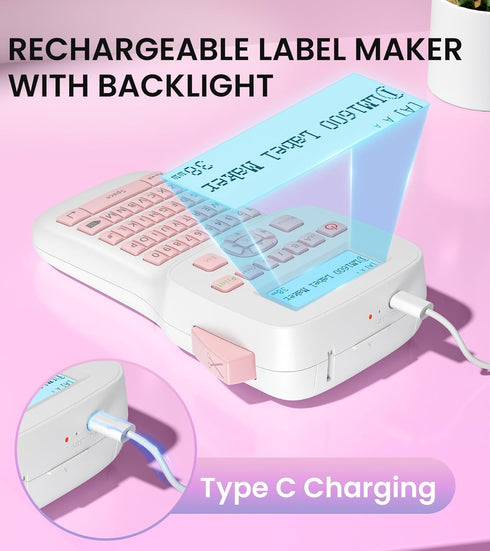 Rechargeable Pink Label Maker with Tape, Bluetooth Labeler Machine LM1600, Backlit Screen, Easy to Use, Inkless