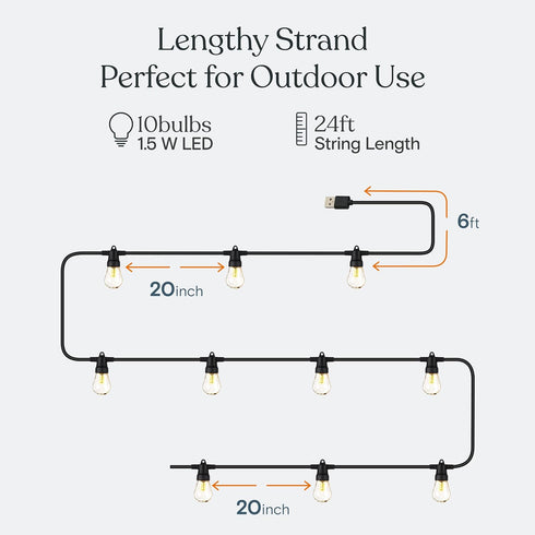 24 Commercial 1W 12 Bulbs, Brightech Ambience Pro USB Powered String Lights - Ft Grade Waterproof String Lights
