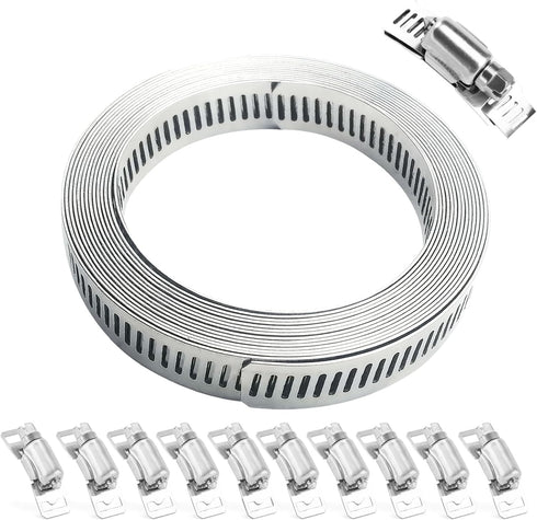 10FT Metal Strapping Hose Clamps + 10 Fasteners Adjustable Large Worm Gear Clamps Assortment Kit for Pipe WSWECCL