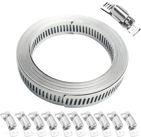 10FT Metal Strapping Hose Clamps + 10 Fasteners Adjustable Large Worm Gear Clamps Assortment Kit for Pipe WSWECCL