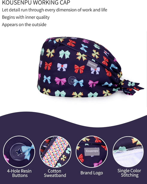 Kousenpu Scrub Caps for Women, Adjustable Women's Surgical Cap with Buttons, Breathable Cute Design for Nurses