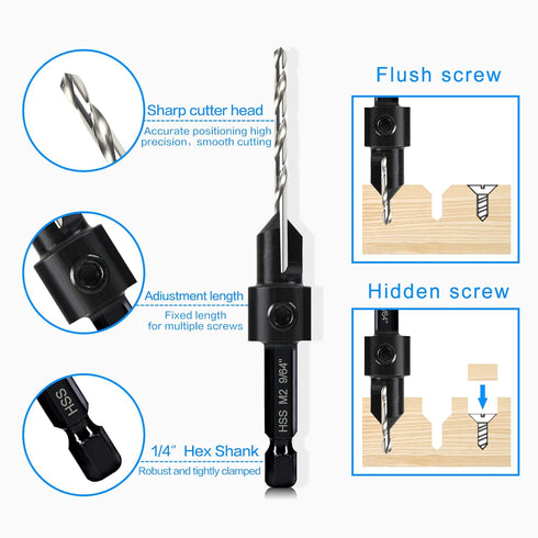7 Pack Countersink Drill Bits Set, Wood Drill 3in1 with Adjustable Counterbore Cutting Depth and 2 Allen Wrenches