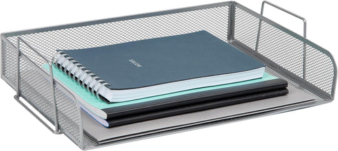 Mind Reader 2 Pcs. Stackable Paper Tray, Metal Mesh Desktop Organizer for File Storage, 14" L x 9.75" W x 6" H, Silver