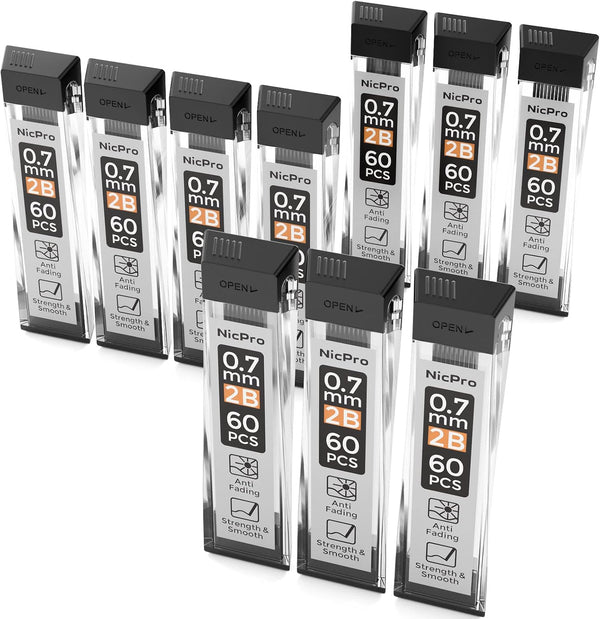 Nicpro 600pcs Mechanical Pencil Refills 0.7 mm, Break Resistant 2B Lead Refills, 60 Pack Per Tube, 10 Tubes