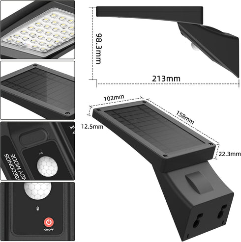 Solar Wall Light Outdoor with 390Lm, IP65 Waterproof, 34 LED, 3-Mode Lighting, 120 PIR Motion Sensor for Garden,