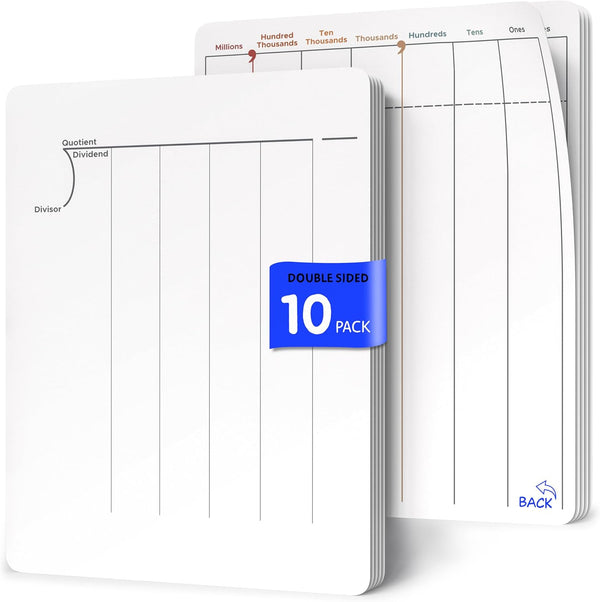 SCRIBBLEDO Division & Place Value Math Practice, 9”x12” Small White Board Dry Erase Sheets, Classroom Pack of 10