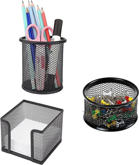 Pen Holder Desktop Pencil Organizer Metal Mesh Pen Cup Paper Clip Holder Memo Pad Holder Stationary Organizer for Desk 3 Pieces of a Set