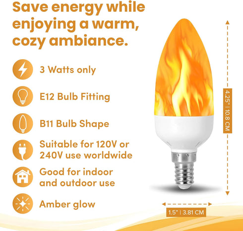 Bulb E12 B11 Bulbs 12mm 110MM 4.25" 120V 3 Pack Flame Effect Chandelier LED Fire Candle Light Flaming Flicker