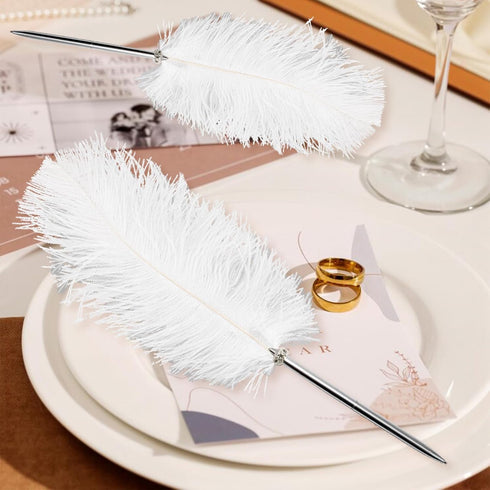 Rgontar Feather Pen - Black Ink Ballpoint Wedding Signing Pen for Bridal Calligraphy (White)