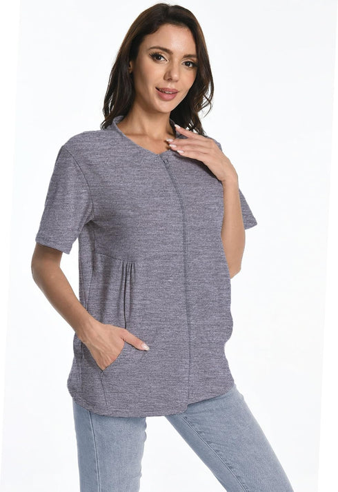 Meuponc Post Mastectomy Zip Up Shirts with Drain Pockets Surgery Recovery Must Haves Clothing Comfy Short Sleeve Shirts