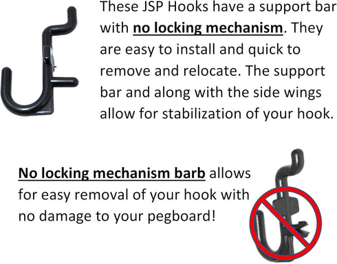JSP Manufacturing Peg Board Non-Locking Plastic J Hook Style Hooks - Garage Tool Storage Accessories (500, Black)