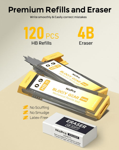Nicpro Blocky Gear 0.9mm Mechanical Pencils Set in Case, Metal Pencil with HB Lead Refills, Eraser