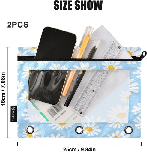 Blue Cute Daisy Binder Pencil Pouch, 3 Ring Zipper Pencil Case with Clear Window, 2 Pack for School, Office