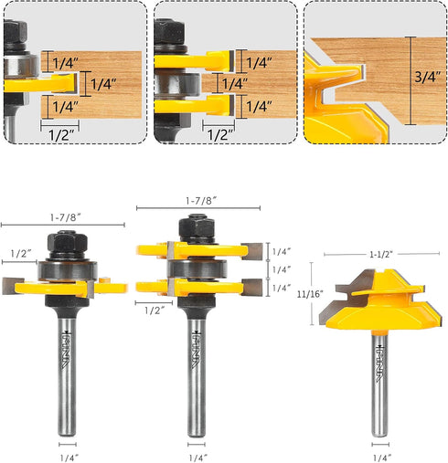 Set 45 1/4 Inch MNA Tongue and Groove Router Bits & Degree Lock Miter Router Bit, Shank Wood Milling Cutter Bits