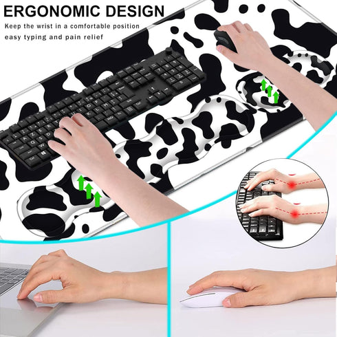 Keyboard Wrist Rest and Mouse Pad Set, Ergonomic Coaster with Memory Foam, Large XL Desk Mat (Cute Cow Print)