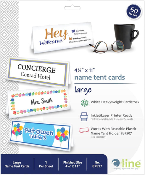 C-Line Printer-Ready Scored Name Tent Cards, 11 x 4-1/4 Inches, Box of 50, 8-1/2" x 11" White Cardstock