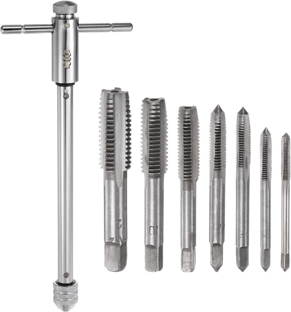 T-Handle Ratchet Tap Wrench + Metric Tap Set, 7pcs M3 M4 M5 M6 M8 M10 M12 Thread Taps
