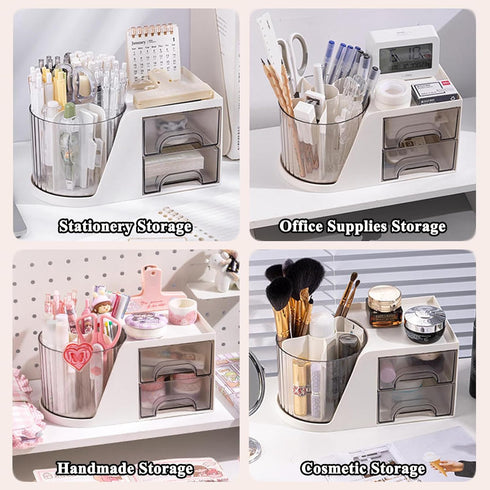 SAYEEC Rotating Desk Organizer with 2 Drawers, 6 Slots Multi-Functional Pencil Pen Holder for Office School Home (White)