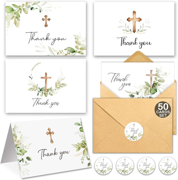 50 Thank You Cards with Envelopes, 5 Watercolor Greenery Cross Designs 4