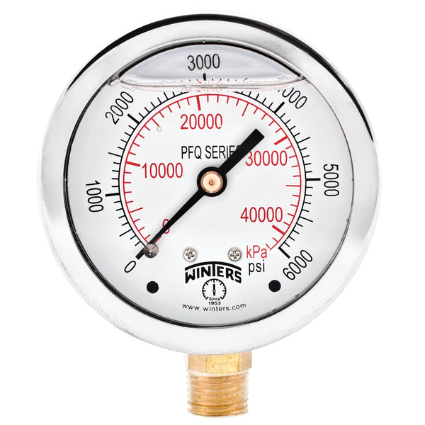 Winters 2-1/2" Dial Size, Liquid Filled Industrial Pressure Gauge, Brass Internals, Stainless Steel Case, Dual Scale 0-6,000 psi/kPa, 1.5% Acc, 1/4" NPT Bottom Mount, Glycerin Filled Pressure Gauge