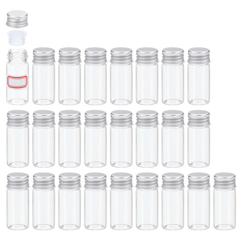 PATIKIL 25 Pack 10ml Clear Glass Vials, Small Liquid Sample Bottles with Screw Caps, Plastic Stoppers, 64 Labels