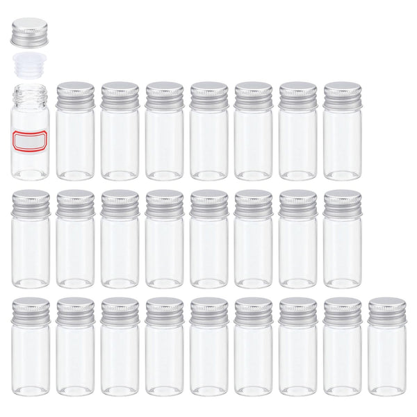 PATIKIL 25 Pack 10ml Clear Glass Vials, Small Liquid Sample Bottles with Screw Caps, Plastic Stoppers, 64 Labels
