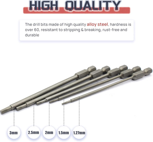 5PCS RC Hex Bit 1.27mm 1.5mm 2.0mm 2.5mm 3.0mm Hex Head Allen Wrench Drill Bit Set for Screwdrivers Electric Screwgun/Power Drill