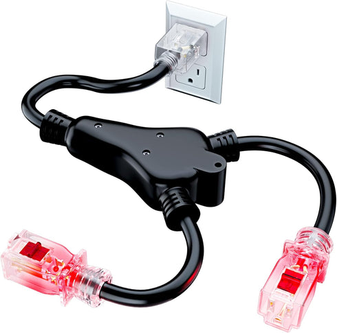 2 in 1 Outlet Power SJTW Extension Cord Splitter, Lock Feature, 1.5 Feet, 16 Gauge