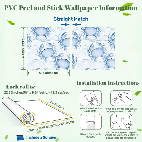Kanworse 24"x118" Peel and Stick Wallpaper Blue Crab Watercolor Soft Waves Delicate Details Contact Paper Removable