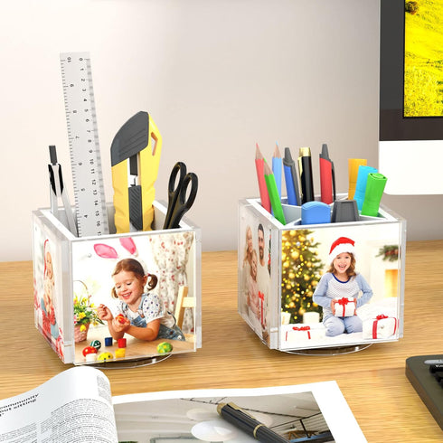 HIIMIEI Acrylic Rotating Pen Holder - Desk Organizer with Picture Frame for 4 Family Photos (White)