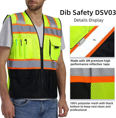 High Visibility Mesh Vest with Pockets and Zipper, ANSI Class 2, Made with 3M Reflective Tape, Yellow and Black