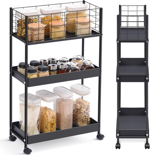 KINGRACK 3-Tier Metal Rolling Utility Cart, Slim Storage Trolley for Kitchen, Bathroom, Laundry Room, Office, Black