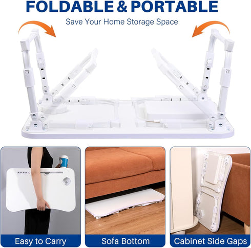 Height Adjustable Laptop Desk for Bed, Foldable Portable Bed Table with USB, Storage Drawer, Cup Holder, White