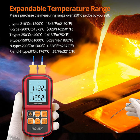 Proster Digital Thermocouple Temperature Thermometer Dual Channel with Two K-Type Probes, Backlight LCD